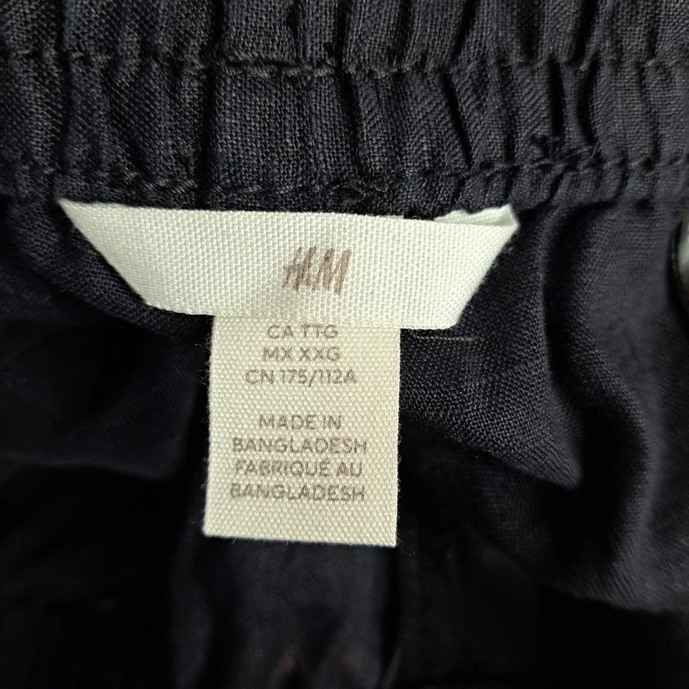 H&M Linen Pants Women Black Elastic Waist Drawstring Casual Lightweight Trousers